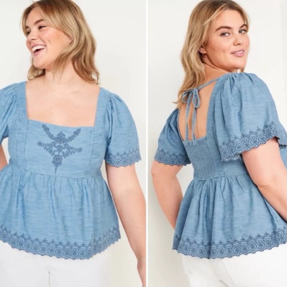 Old Navy Blue Chambray Embroidered Eyelet Ruffle Top Size XL